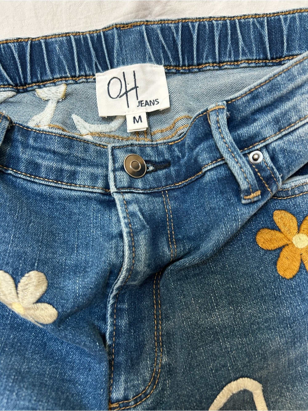 Blue Floral Embroidered Flare Jeans - Women's Wide Leg - Picture 4 of 8